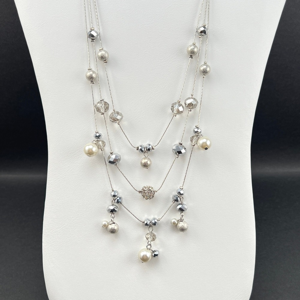 Layered Station Necklace Silver Tone Multi Strand Faux Pearl Crystal 21"
